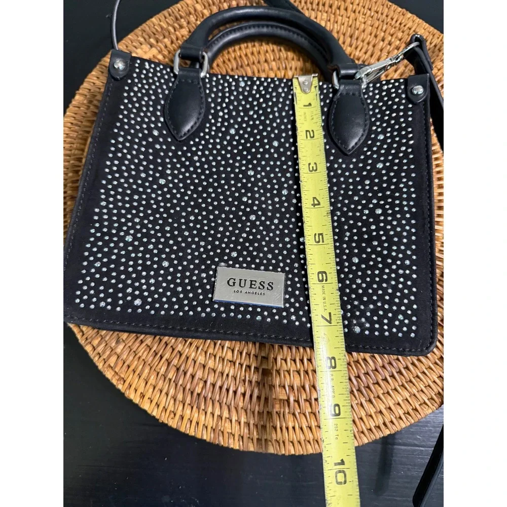 Guess Los Angeles Black Rhinestone Mini Tote Crossbody Bag Satchel Silver Logo